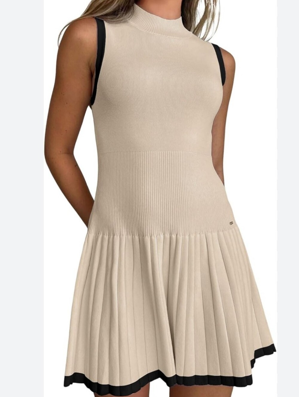 Off White Pleated Knit Dress with Navy Trim